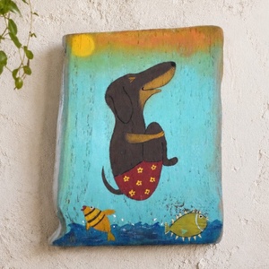 Csobban a tacsi, Művészet, Festmény, Akril, Famegmunkálás, Festészet, Rusztikus fára, akrillal festett egyedi kép. Mérete 20x25 cm, akasztóval ellátva., MESKA