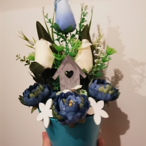 Tavaszi tulipános kék kaspó, asztali dísz , Otthon & Lakás, Dekoráció, Asztal és polc dekoráció, Asztaldísz, Virágkötés, MESKA