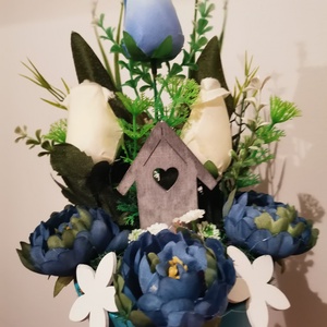 Tavaszi tulipános kék kaspó, asztali dísz  - otthon & életmód - dekoráció - asztal és polc dekoráció - asztaldísz - Meska.hu