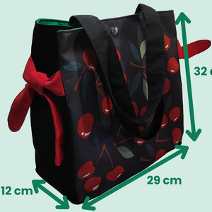 Cseresznyés, nyári vászontáska zöld béléssel, patentos záródással - táska & tok - bevásárlás & shopper táska - shopper, textiltáska, szatyor - Meska.hu