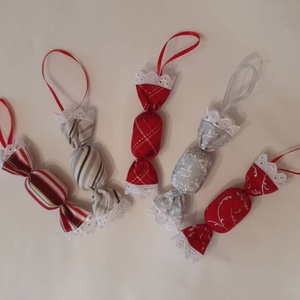 Szaloncukor szett - piros-ezüst, Karácsony, Karácsonyi lakásdekoráció, Karácsonyfadíszek, Varrás, MESKA