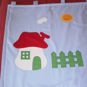 Indul a bakterház...RENDELHETŐ égszínkék vonatos falvédő - baba - mama - babaszoba dekoráció - falvédő gyerekszobába - Meska.hu