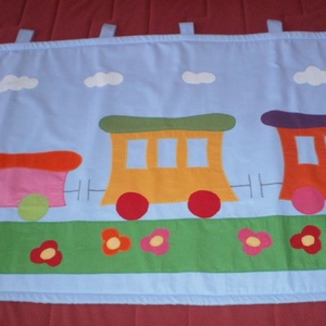 Indul a bakterház...RENDELHETŐ égszínkék vonatos falvédő - baba - mama - babaszoba dekoráció - falvédő gyerekszobába - Meska.hu