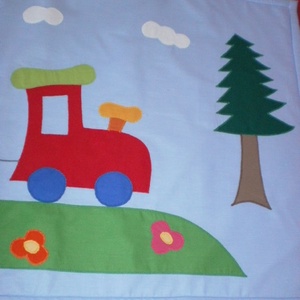 Indul a bakterház...RENDELHETŐ égszínkék vonatos falvédő - baba - mama - babaszoba dekoráció - falvédő gyerekszobába - Meska.hu