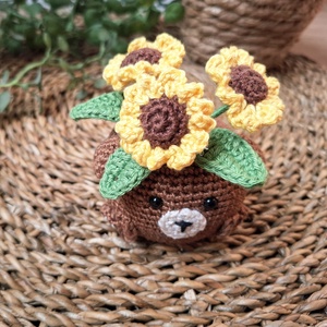 Horgolt virág - napraforgó csokor macis kaspóban - Meska.hu