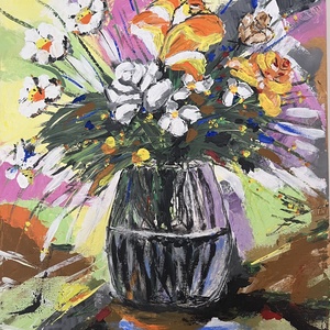 Virágok vázában, Művészet, Festmény, Akril, Festészet, Festett tárgyak, MESKA