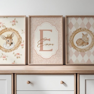 Névreszóló őzikés kollekció, cottagecore stílusú elegáns gyerekszoba falikép szett - Meska.hu