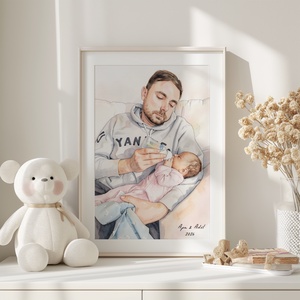 Első Apák napi ajándék új apukáknak, Személyre szabott akvarell kép fotó alapján  - otthon & életmód - dekoráció - kép & falikép - poszter - Meska.hu