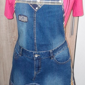 Női farmer kötény kockás betéttel - otthon & életmód - konyhafelszerelés, tálalás - konyhai textil - kötény - Meska.hu