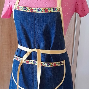 Női kék farmer kötény sárga szegővel, Otthon & Életmód, Konyhafelszerelés, tálalás, Konyhai textil, Kötény, Varrás, MESKA
