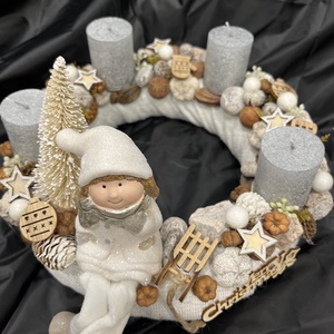 Barna-fehér-ezüst adventi koszorú - Meska.hu