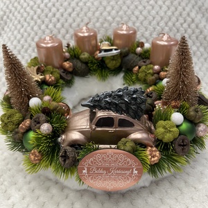 Bron-zöld, kisautós adventi koszorú, Karácsony, Adventi díszek, Adventi koszorú, , MESKA