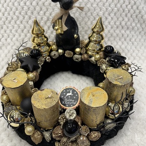 Fekete-arany, szarvasos adventi koszorú, Karácsony, Adventi díszek, Adventi koszorú, , MESKA