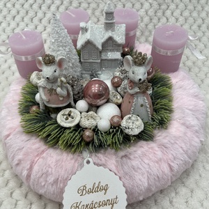 Rózsaszín, egérkés adventi koszorú, Karácsony, Adventi díszek, Adventi koszorú, , MESKA
