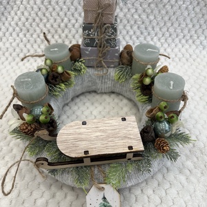 Szürke-barna, szánkós adventi koszorú, Karácsony, Adventi díszek, Adventi koszorú, , MESKA