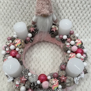 Fehér-rózsaszín, unikornisos, manós adventi koszorú, Karácsony, Adventi díszek, Adventi koszorú, , MESKA