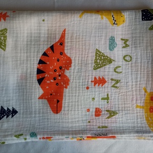 Nyári muszlin kánikula ovistakaró duplagéz gyerektakaró 100x130 cm színes dínós  - Meska.hu