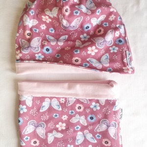 116-122-128-134-140-146 Tavaszi Őszi kifordítható pamutsapka-sál szett 51 cm ökotexes mályva pillangós - Meska.hu