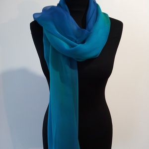 türkiz árnyalatú  nagy méretű chiffon szövésű,  könnyed selyem stóla (180x90cm) - ruha & divat - sál, sapka, kendő - sál - Meska.hu