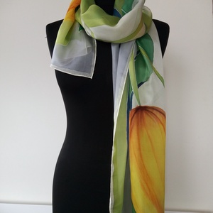 Tulipán mintás , sárga és zöld árnyalatú nagy méretű-180x45cm - selyemsál - Meska.hu