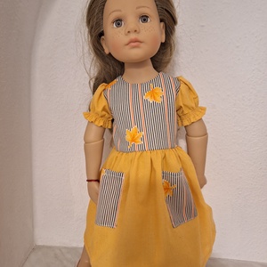 Babaruha 46-50 cm magas Götz babára , Játék & Sport, Baba & babaház, Játékbaba, babakellék, Varrás, Rövid puffos ujjú, bélelt felsőrésszel készült sárga-csíkos-virágos ruha, szoknyarészen két foltzse..., MESKA