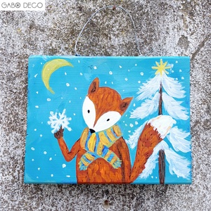 Bohém téli állatos fára festett rusztikus kép. Róka, Nyuszi, Pingvin, Cica, Maci, Kutya, Karácsony, Karácsonyi lakásdekoráció, Karácsonyfadíszek, Festett tárgyak, Famegmunkálás, MESKA