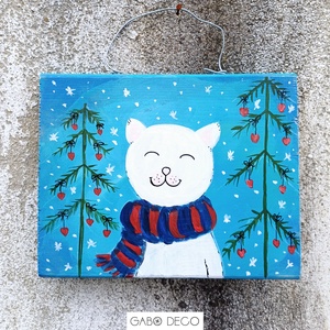 Bohém téli állatos fára festett rusztikus kép. Róka, Nyuszi, Pingvin, Cica, Maci, Kutya - Meska.hu