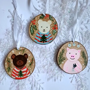 3 db bohém, téli állatos, fára festett rusztikus kép, dísz. Maci, medve, jegesmedve, malac - Meska.hu