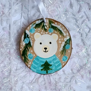 Bohém, téli állatos, fára festett rusztikus kép, dísz. Jegesmedve, jegesmaci, 2 oldalas, Karácsony, Karácsonyi lakásdekoráció, Karácsonyfadíszek, Festett tárgyak, Famegmunkálás, MESKA