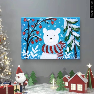 Bohém téli állatos, fára festett rusztikus kép, fatábla. Maci, medve, jegesmedve - karácsony - karácsonyi lakásdekoráció - karácsonyfadíszek - Meska.hu