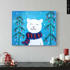 Bohém téli állatos, fára festett rusztikus kép, fatábla. Róka, Nyuszi, Pingvin, Cica, Maci, Kutya - karácsony - karácsonyi lakásdekoráció - karácsonyfadíszek - Meska.hu