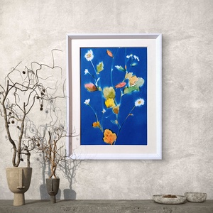 Cianotípiával és akvarellel készült kép, nyomat kerettel. Virág, virágcsokor, virágok. - művészet - festmény - akril - Meska.hu