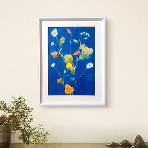 Cianotípiával és akvarellel készült kép, nyomat kerettel. Virág, virágcsokor, virágok. - művészet - festmény - akril - Meska.hu