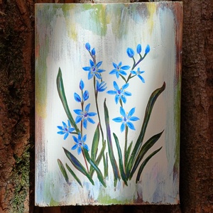 Bohém tavaszi, fára festett rusztikus kép, fatábla. Virág, csillagvirág vagy tyúktaréj - ünnepi díszek, dekorációk - húsvéti díszek és dekorációk - húsvéti virágos díszek - Meska.hu