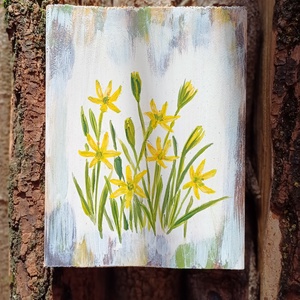 Bohém tavaszi, fára festett rusztikus kép, fatábla. Virág, csillagvirág vagy tyúktaréj - Meska.hu