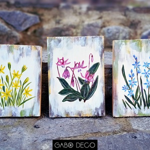 Bohém, botanikai, tavaszi, fára festett rusztikus kép, fatábla. Virág. Kakasmandikó - ünnepi díszek, dekorációk - húsvéti díszek és dekorációk - húsvéti virágos díszek - Meska.hu