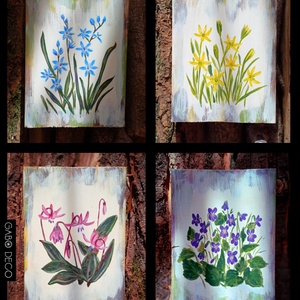 Bohém, botanikai, tavaszi, fára festett rusztikus kép, fatábla. Virág. Ligeti csillagvirág - ünnepi díszek, dekorációk - húsvéti díszek és dekorációk - húsvéti virágos díszek - Meska.hu