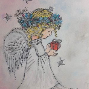 Ajándékozó angyalka - kézzel festett akvarell, nem print! - Meska.hu