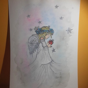 Ajándékozó angyalka - kézzel festett akvarell, nem print! - művészet - festmény - akvarell - Meska.hu