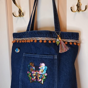 Bohém farmer bevásárló táska ajándék dísszel és kitűzővel, Táska & Tok, Bevásárlás & Shopper táska, Shopper, textiltáska, szatyor, Varrás, MESKA
