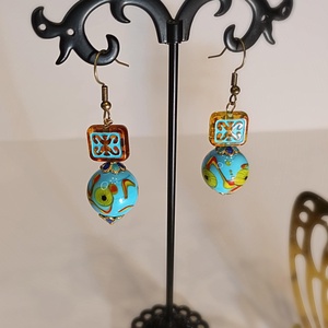 Türkiz Varázs � mintás lámpagyöngy fülbevaló - ékszer - fülbevaló - lógós kerek fülbevaló - Meska.hu