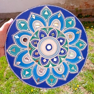 Mandala kép Kék-türkiz, tükörmozaikkal, Otthon & Lakás, Dekoráció, Spiritualitás, Mandala, Festett tárgyak, Festészet, MESKA