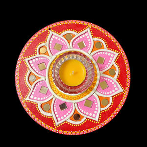 Mandala kép, gyertyatartó piros-pink-sárga virág, tükörmozaikkal - otthon & lakás - dekoráció - spiritualitás - mandala - Meska.hu