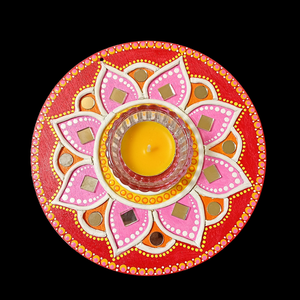 Mandala kép, gyertyatartó piros-pink-sárga virág, tükörmozaikkal - otthon & életmód - dekoráció - spiritualitás - mandala - Meska.hu