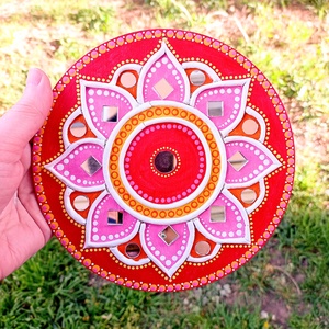 Mandala kép, gyertyatartó piros-pink-sárga virág, tükörmozaikkal - otthon & életmód - dekoráció - spiritualitás - mandala - Meska.hu