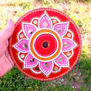 Mandala kép, gyertyatartó piros-pink-sárga virág, tükörmozaikkal - otthon & lakás - dekoráció - spiritualitás - mandala - Meska.hu