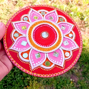 Mandala kép, gyertyatartó piros-pink-sárga virág, tükörmozaikkal - otthon & lakás - dekoráció - spiritualitás - mandala - Meska.hu