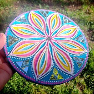 Mandala kép Virág, türkiz-pink-sárga, tükörmozaikkal - otthon & életmód - dekoráció - spiritualitás - mandala - Meska.hu