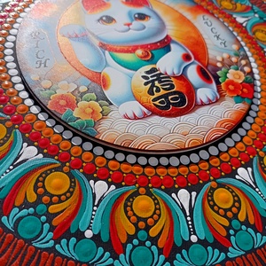 Pontozott mandala Maneki neko, szerencsehozó integető cica - művészet - festmény - festmény vegyes technika - Meska.hu