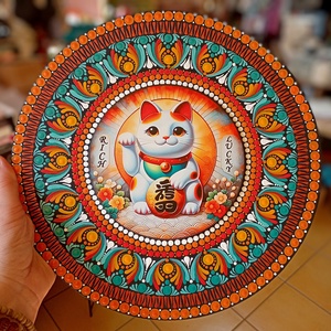 Pontozott mandala Maneki neko, szerencsehozó integető cica, Művészet, Festmény, Festmény vegyes technika, Festészet, MESKA